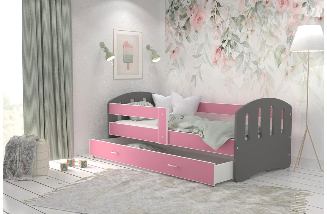 Kinderbed grijs roze | 140x80cm | Houten bed met lade