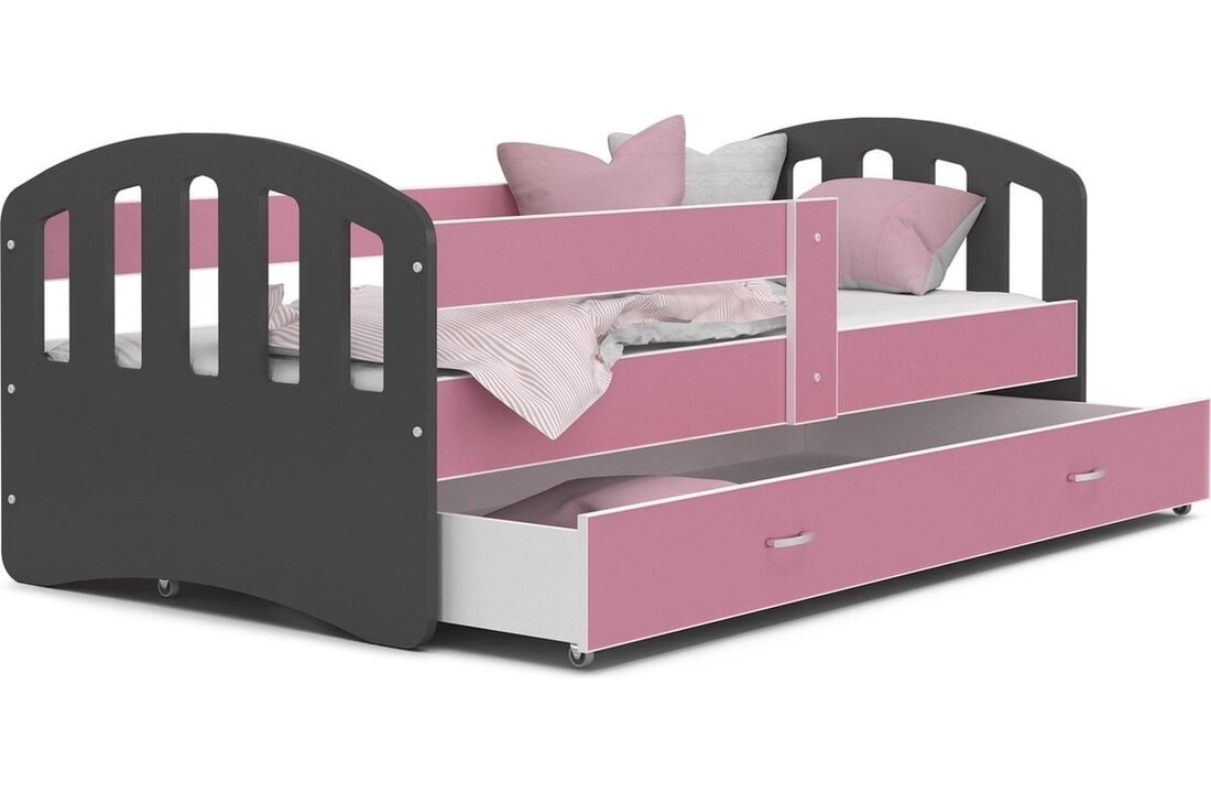 Uitschuifbaar kinderbed hout 140x80cm grijs roze met lade