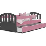 Uitschuifbaar kinderbed hout 140x80cm grijs roze met lade