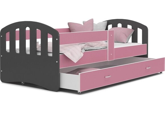 Uitschuifbaar kinderbed hout 140x80cm grijs roze met lade