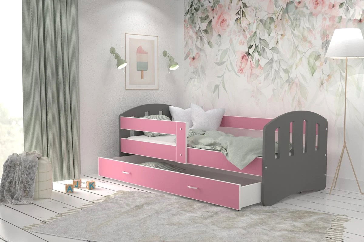 Uitschuifbaar kinderbed hout 140x80cm grijs roze met lade