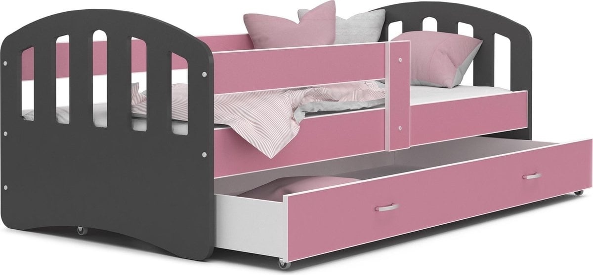 Peuterbed met lade - 140x80cm Hout - Grijs/Roze