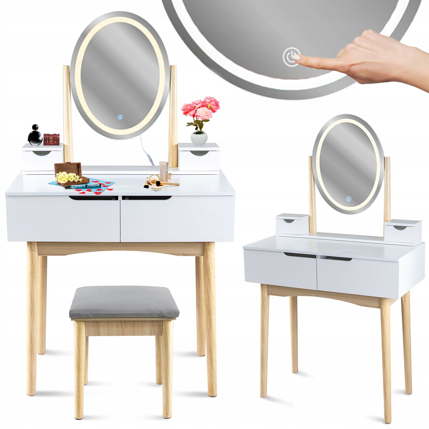 Kaptafel spiegel LED wit 80x40cm MDF met kruk