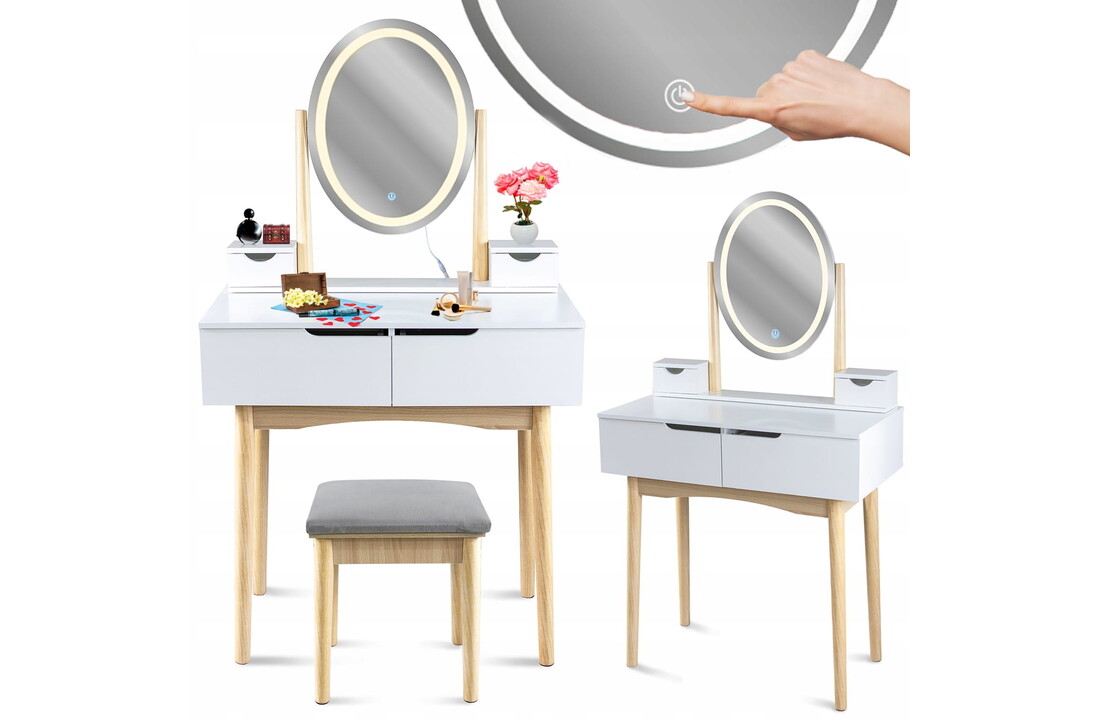 Make up tafel wit lades, spiegel met LED & kruk - 80x40cm