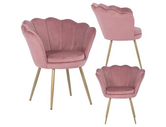 Stoel schelpvormig roze, velvet fauteuil goud, 58x51x88cm