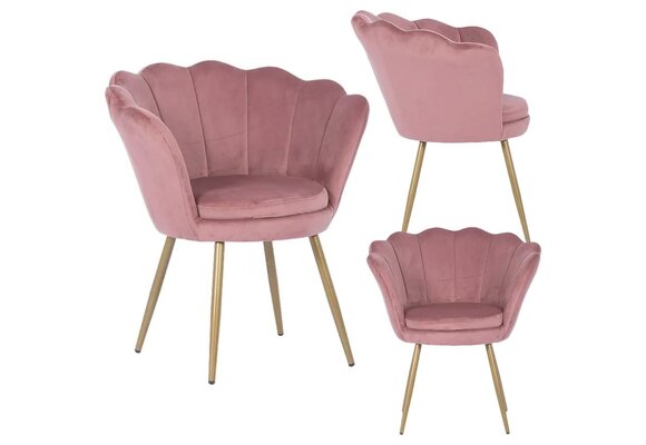 Stoel schelpvormig roze, velvet fauteuil goud, 58x51x88cm