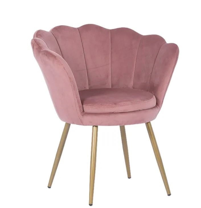 Stoel schelpvormig roze, velvet fauteuil goud, 58x51x88cm