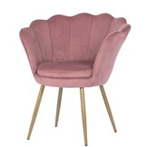 Stoel schelpvormig roze, velvet fauteuil goud, 58x51x88cm