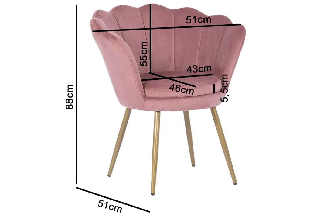 Stoel schelpvormig roze, velvet fauteuil goud, 58x51x88cm