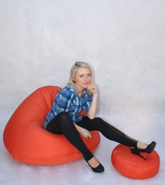 Oranje zitzak met poef XXL - 70x100x100 cm - Polyester/Kunstleer