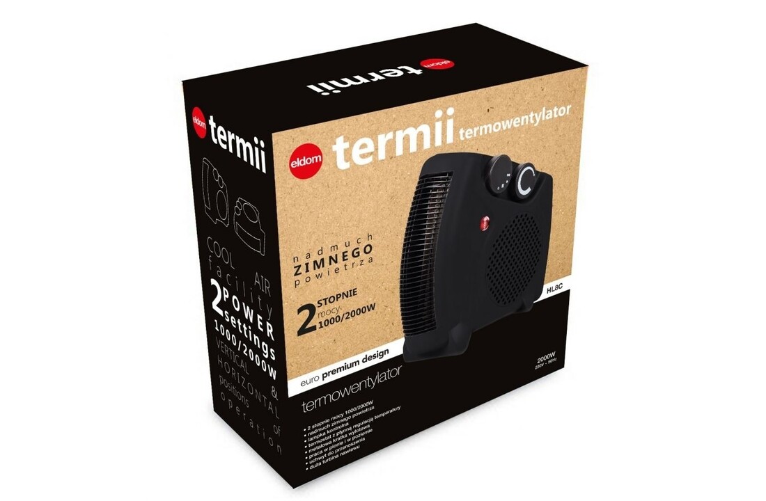 Keramische kachel klein - 1000/2000W, zwart, compact, verticaal/horizontaal