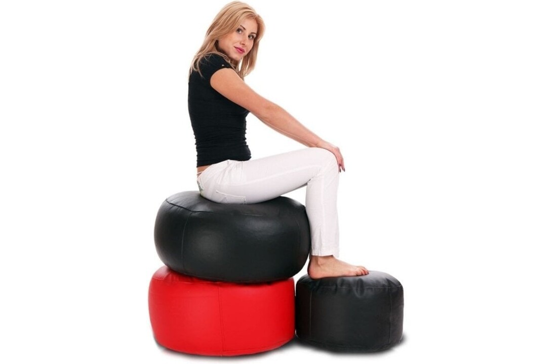 Poef set rond - zwart kunstleer - 47cm diameter x 24cm hoog