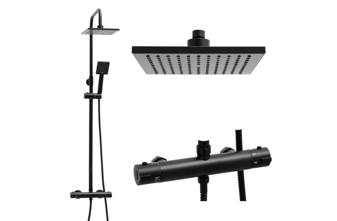 Regendouche zwart - 20cm, thermostaatkraan, messing