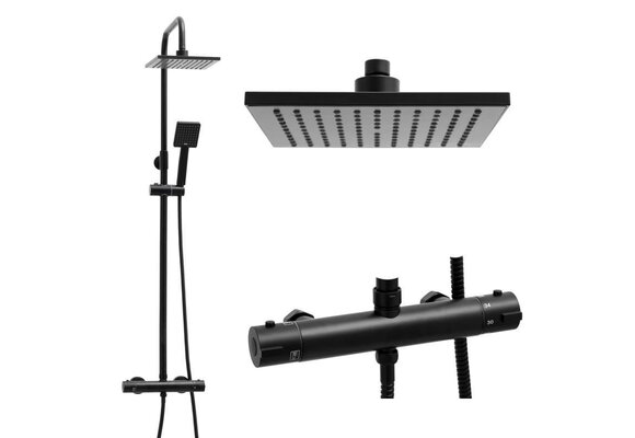 Regendouche zwart - 20cm, thermostaatkraan, messing