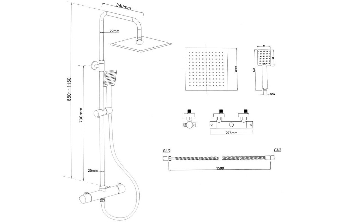 Regendouche zwart - 20cm, thermostaatkraan, messing