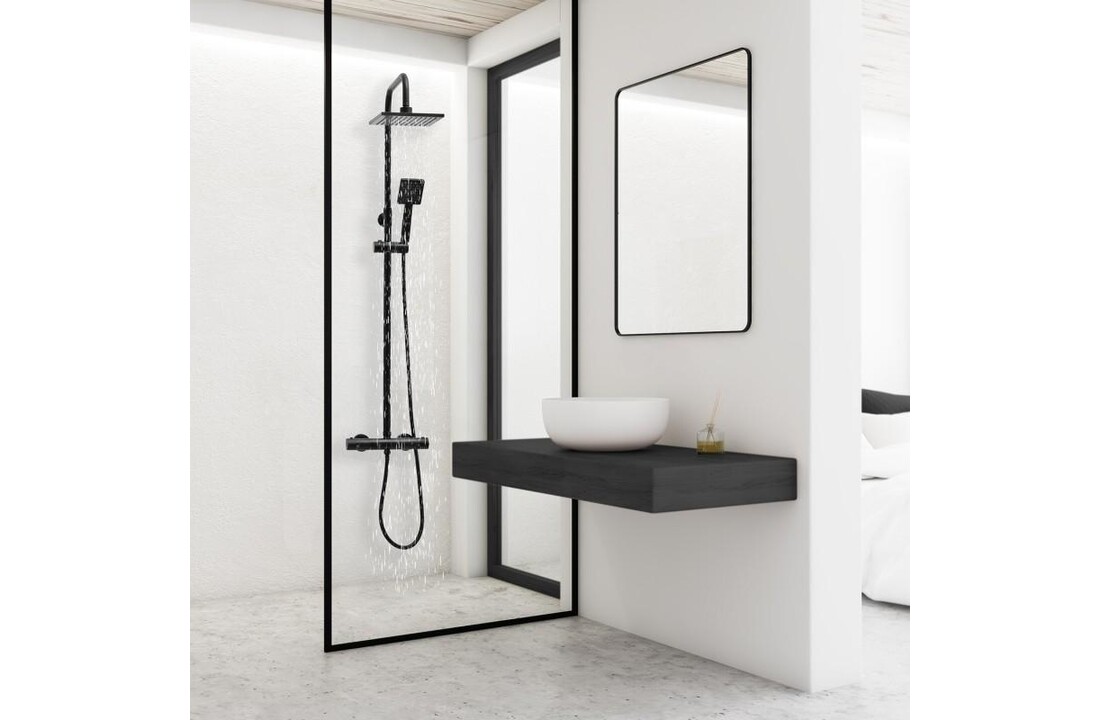 Thermostaat douchekop | Zwarte Regendouche 20cm | Messing Kraan