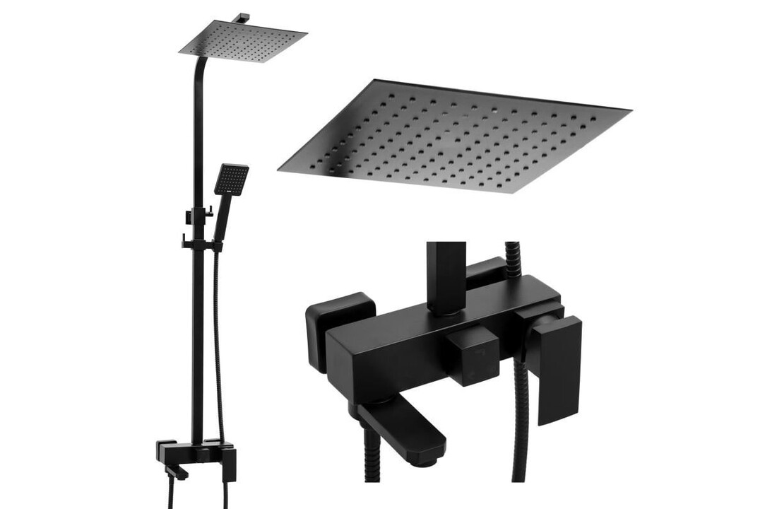 Complete douchekraan met regendouche - Mat Zwart, 25cm, ABS/Messing