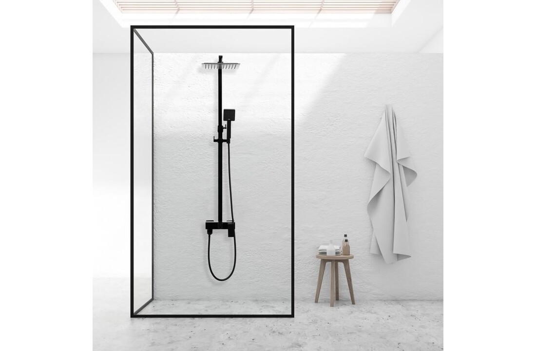 Complete douchekraan met regendouche - Mat Zwart, 25cm, ABS/Messing