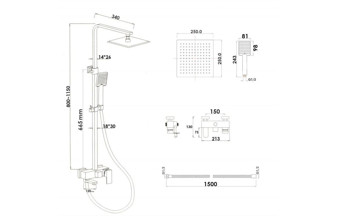 Complete douchekraan met regendouche - Mat Zwart, 25cm, ABS/Messing