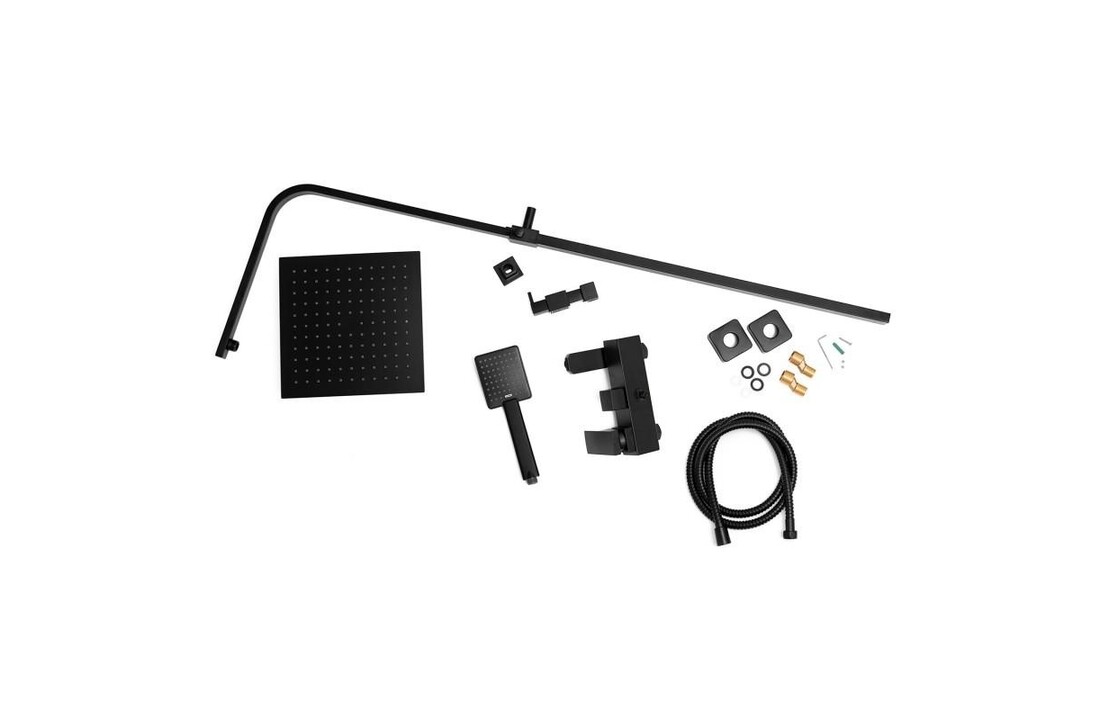 Complete douchekraan met regendouche - Mat Zwart, 25cm, ABS/Messing