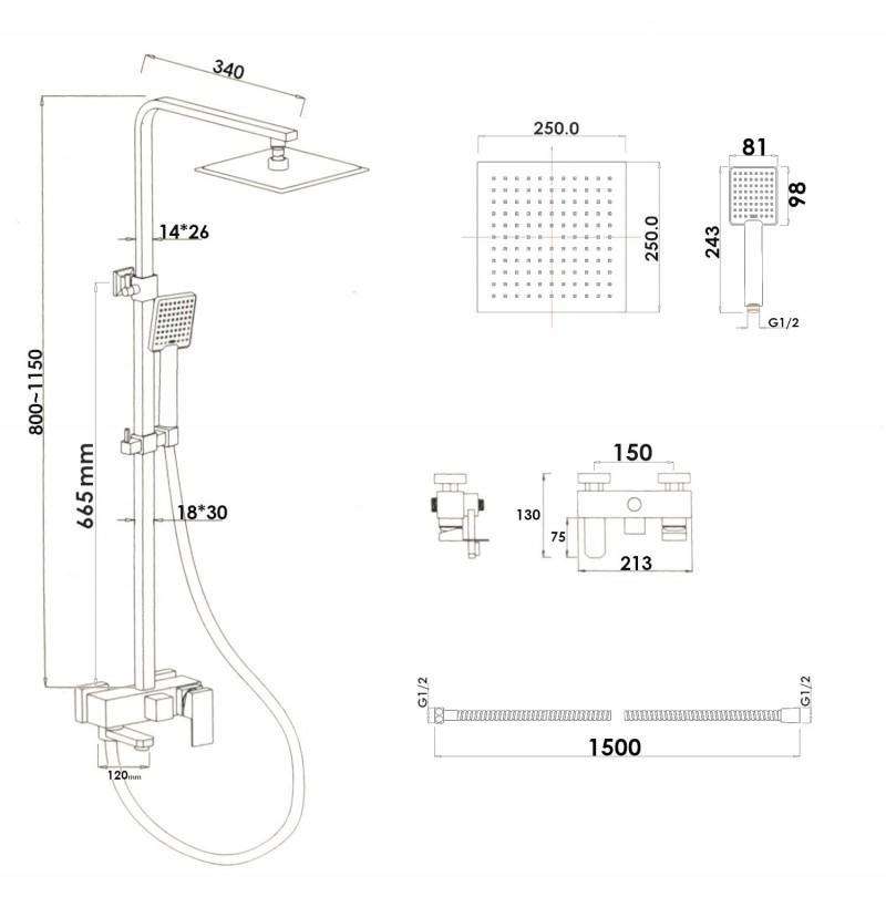 Vierkante douchekop met thermostaatkraan - Matzwart - 25x25 cm