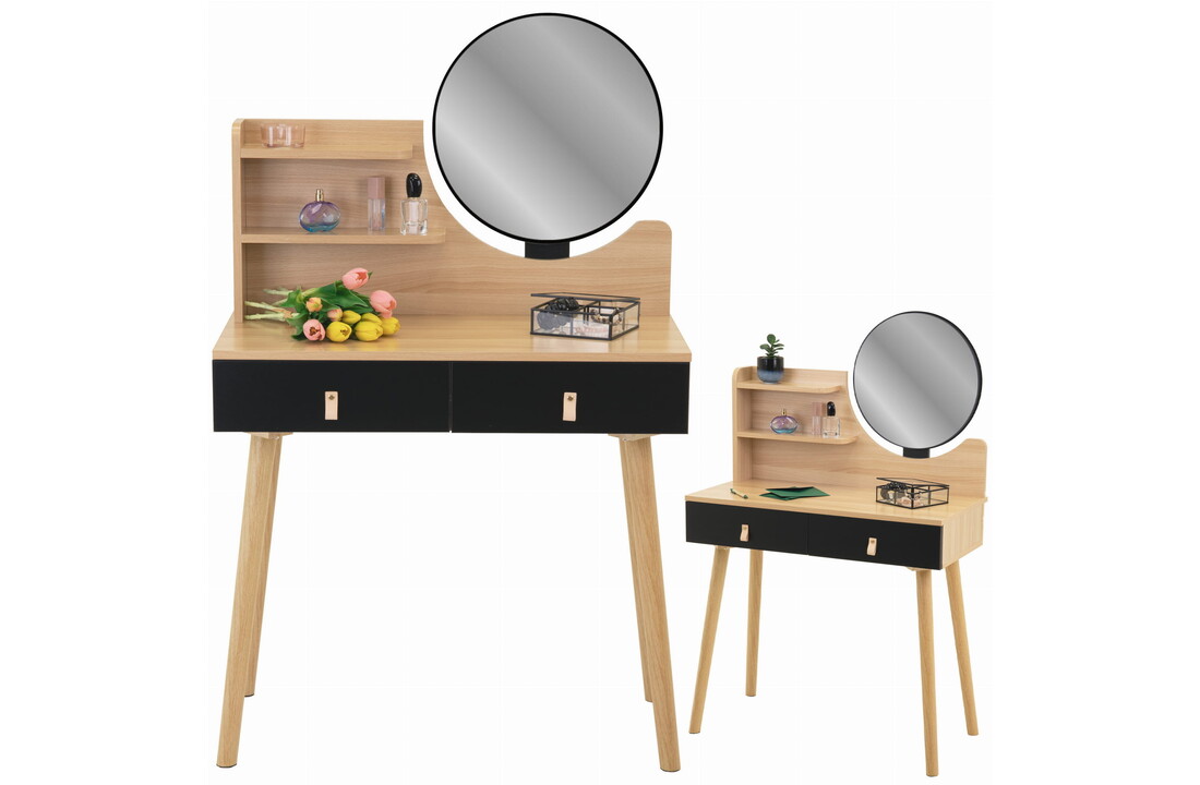 Scandinavische kaptafel met spiegel, hout & zwart, MDF/beukenhout