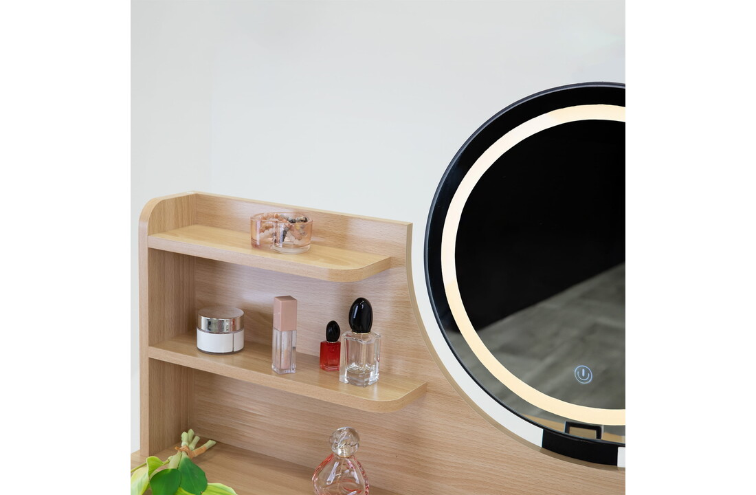 Make up tafel zwart | Kaptafel met LED spiegel, 80x40cm, MDF/Beukenhout