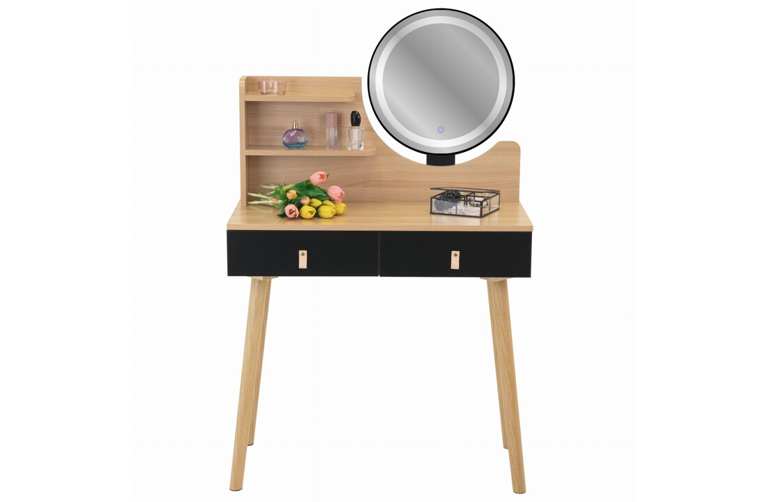 Make up tafel zwart | Kaptafel met LED spiegel, 80x40cm, MDF/Beukenhout