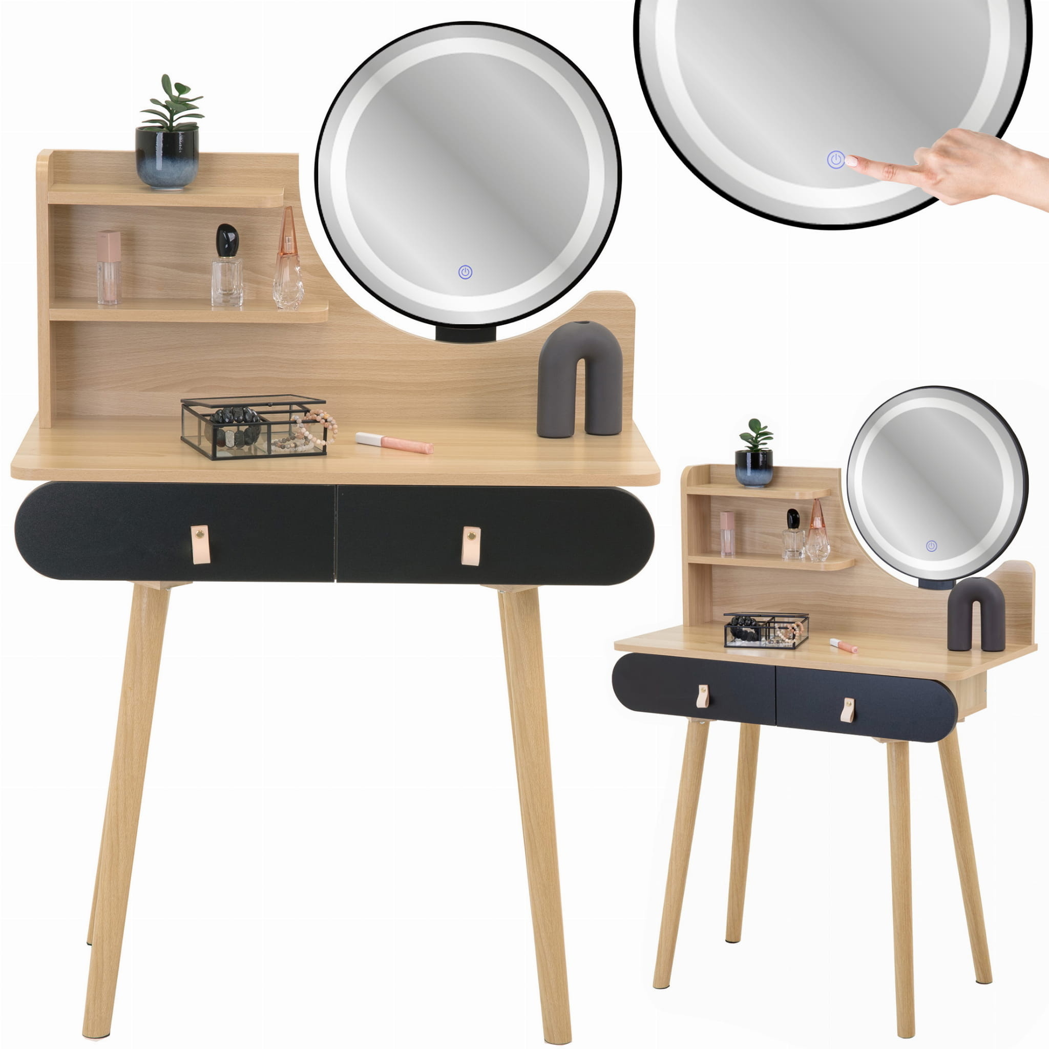 Kaptafel LED spiegel, 120cm Hout/Zwart MDF, 2 Lades