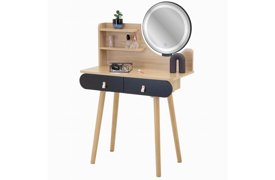 Kaptafel LED spiegel, 120cm Hout/Zwart MDF, 2 Lades