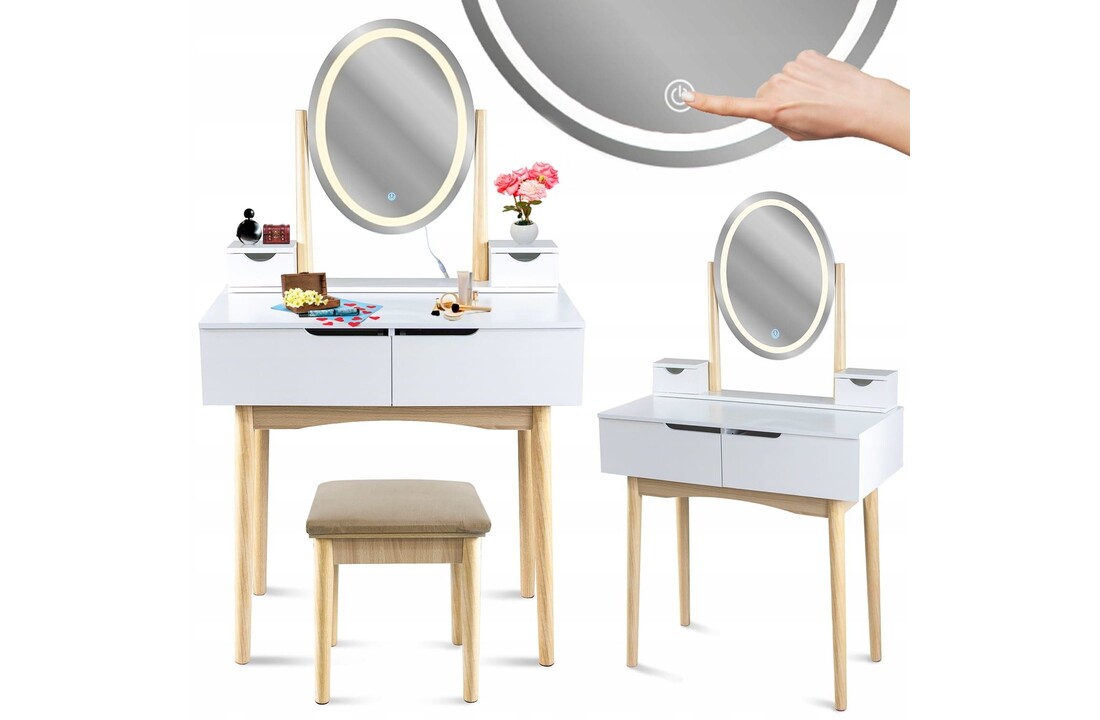 Make up tafel spiegel met LED | Wit | 142x80x40 cm | MDF/Beukenhout