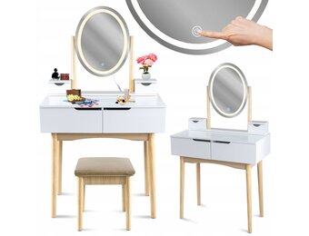 Make up tafel spiegel met LED | Wit | 142x80x40 cm | MDF/Beukenhout