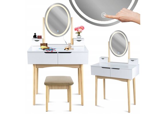 Make up tafel spiegel met LED | Wit | 142x80x40 cm | MDF/Beukenhout