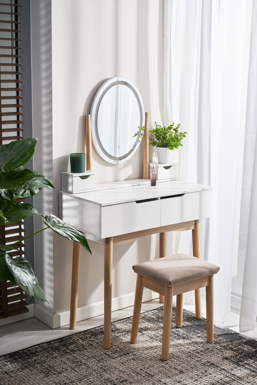 Make up tafel spiegel met LED | Wit | 142x80x40 cm | MDF/Beukenhout