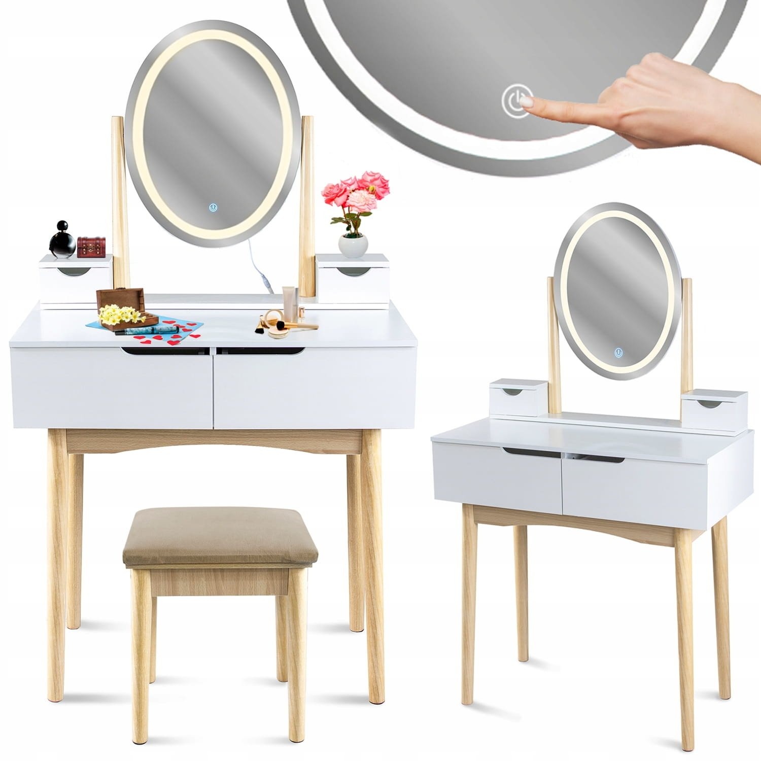 Witte kaptafel met kruk | 142x80x40 cm | MDF/Beukenhout