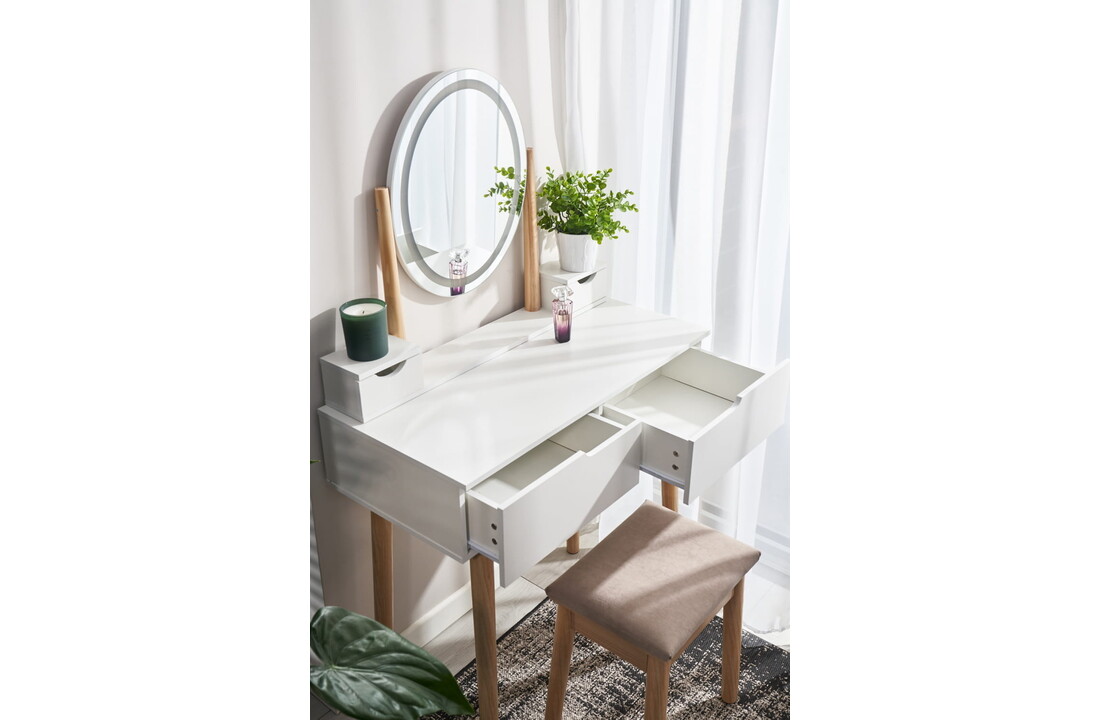 Witte kaptafel met kruk | 142x80x40 cm | MDF/Beukenhout