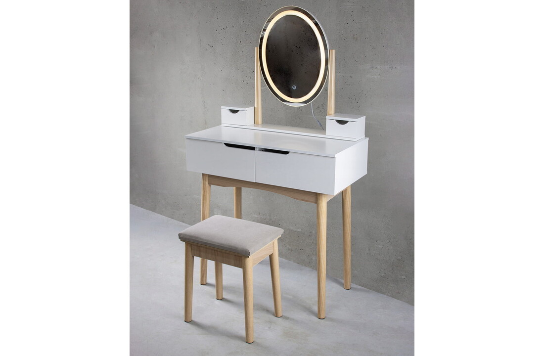 Witte kaptafel met kruk | 142x80x40 cm | MDF/Beukenhout