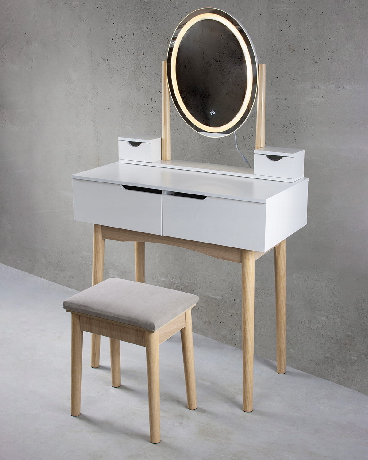 Witte kaptafel met kruk | 142x80x40 cm | MDF/Beukenhout