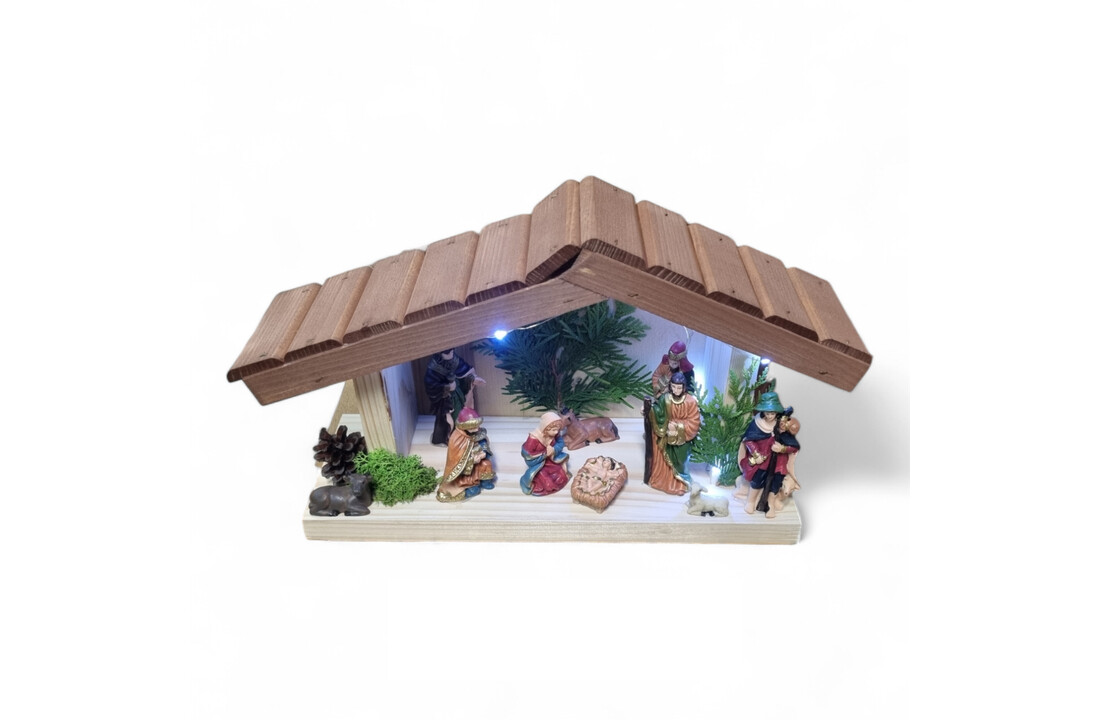 Kerststal met verlichting | Houten kerststal 35x13x22cm | Multicolor