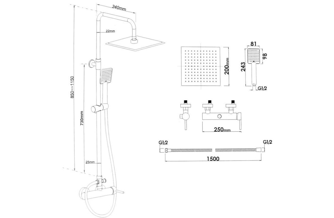 Doucheset zwart met 20cm regendouche en handdouche