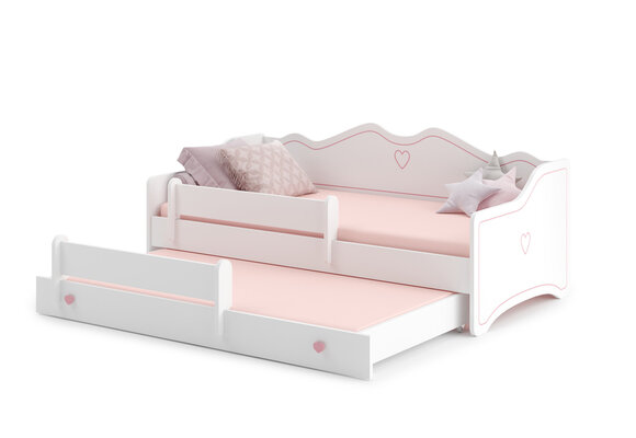 Kinderbed 80x160cm - Wit/Roze Hout - Met Uitschuifbed & Matras
