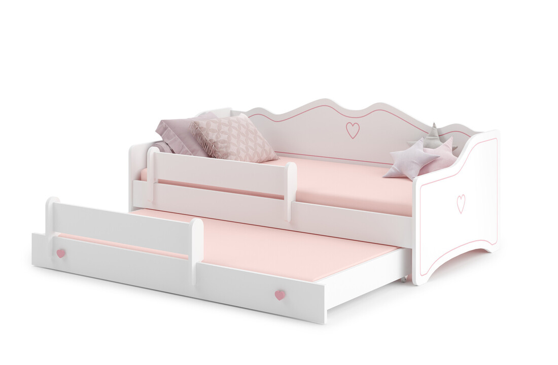 Bed met onderschuifbed 80x160cm wit/roze hout