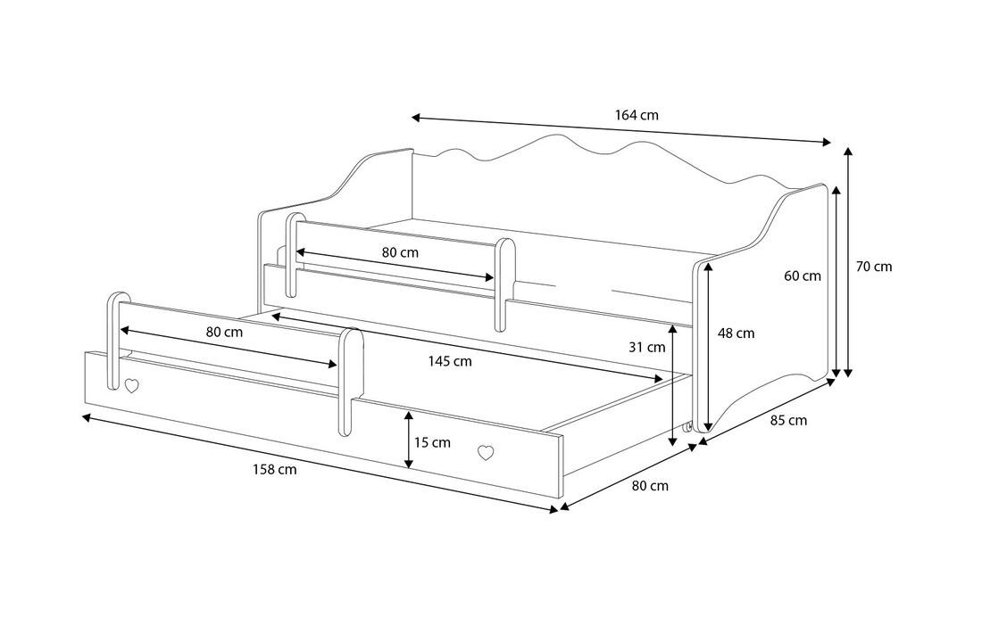 Bed met onderschuifbed 80x160cm wit/roze hout