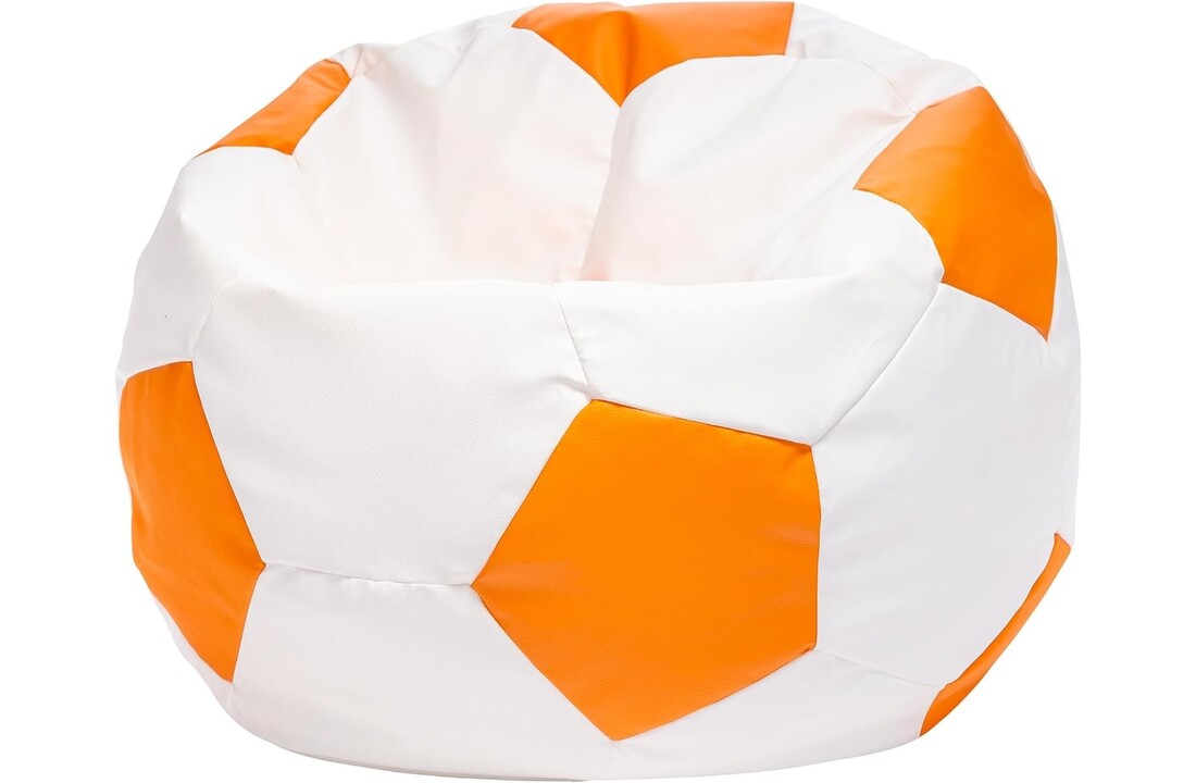 Voetbal poef - Ø 55cm, Oranje/Wit Eco-leer, 90L Vulling