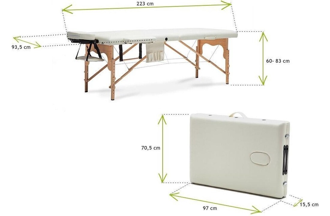 Massagetafel kunstleer creme - Houten XXL, 223 cm, verstelbaar, ECO-leer