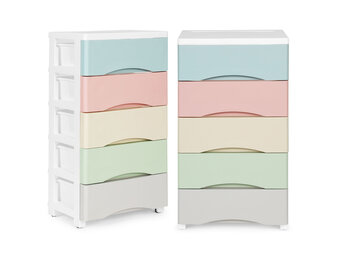 Ladekast wielen - 5 lades, 75x27x39cm, pastel kunststof