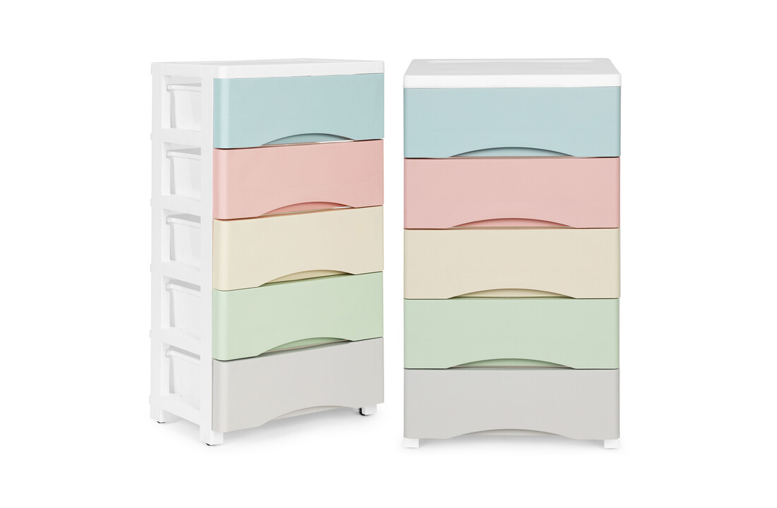 Opbergkast pastel - 5 lades, kunststof, 75x27x39cm, wit frame