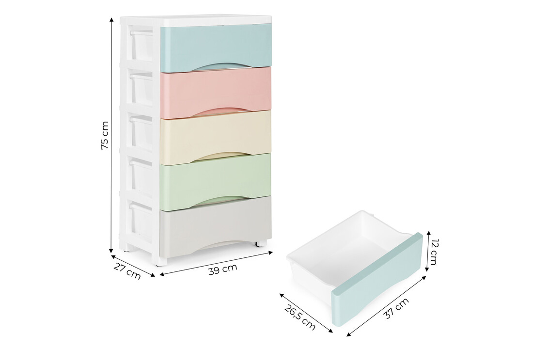 Opbergkast pastel - 5 lades, kunststof, 75x27x39cm, wit frame