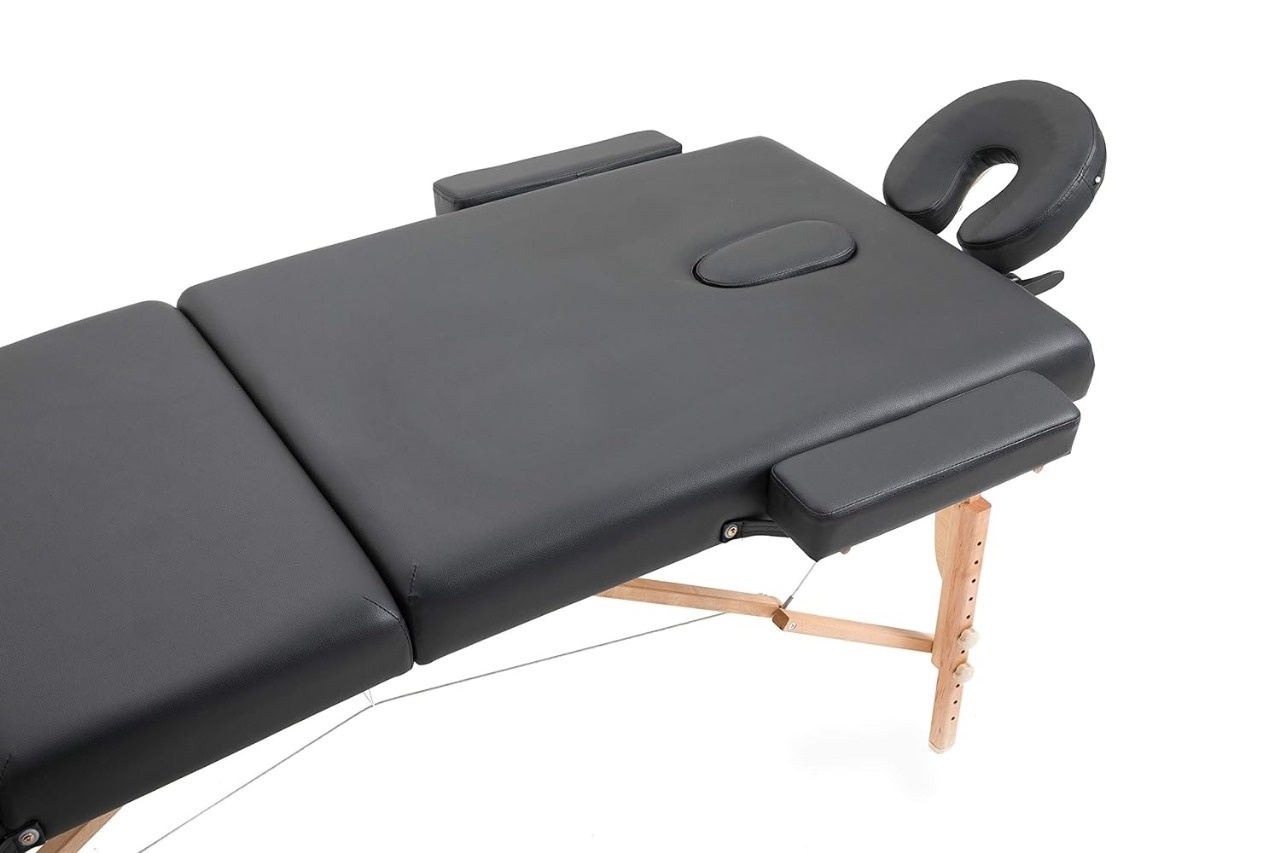 Massagetafel hout zwart – 185x70cm, 3 secties, inklapbaar
