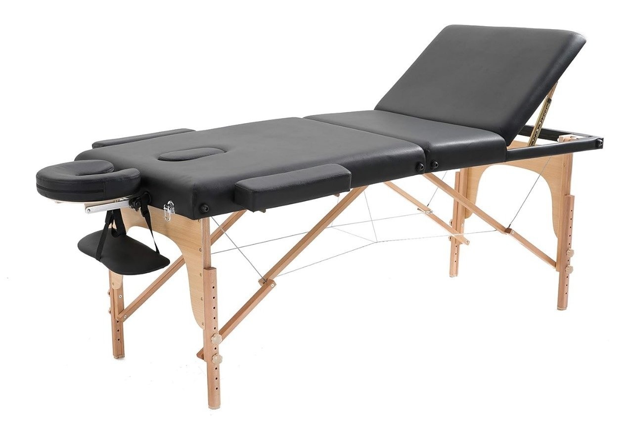 Massagetafel hout zwart – 185x70cm, 3 secties, inklapbaar